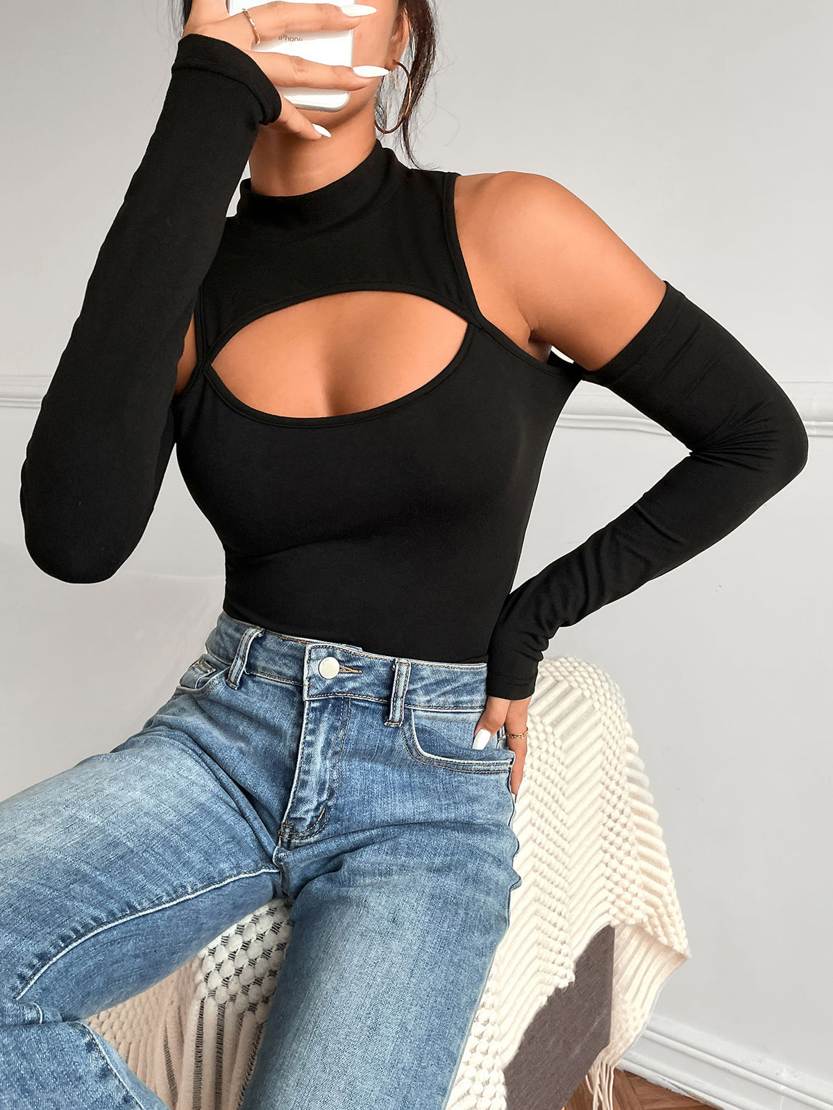 Mock Neck Chest Cutout Cold Shoulder Bodysuit - Black - 5