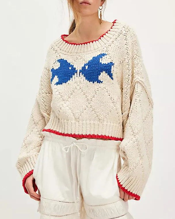Contrast Tipped Pointelle Fish Knit Pullover - Beige - 1