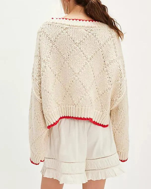 Contrast Tipped Pointelle Fish Knit Pullover - Beige - 2