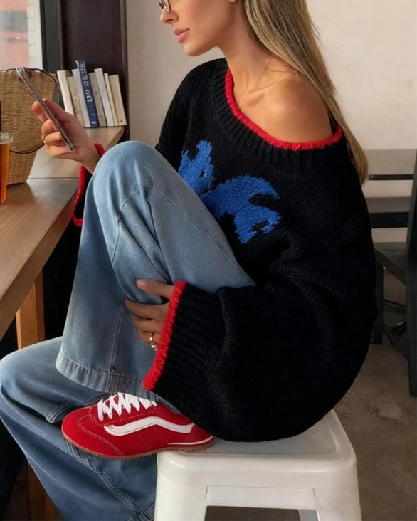 Contrast Tipped Pointelle Fish Knit Pullover - Black