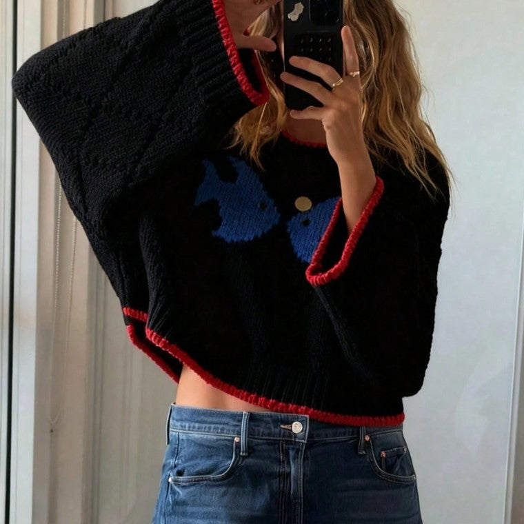 Contrast Tipped Pointelle Fish Knit Pullover - Black - 1