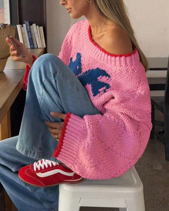 Contrast Tipped Pointelle Fish Knit Pullover - Rose