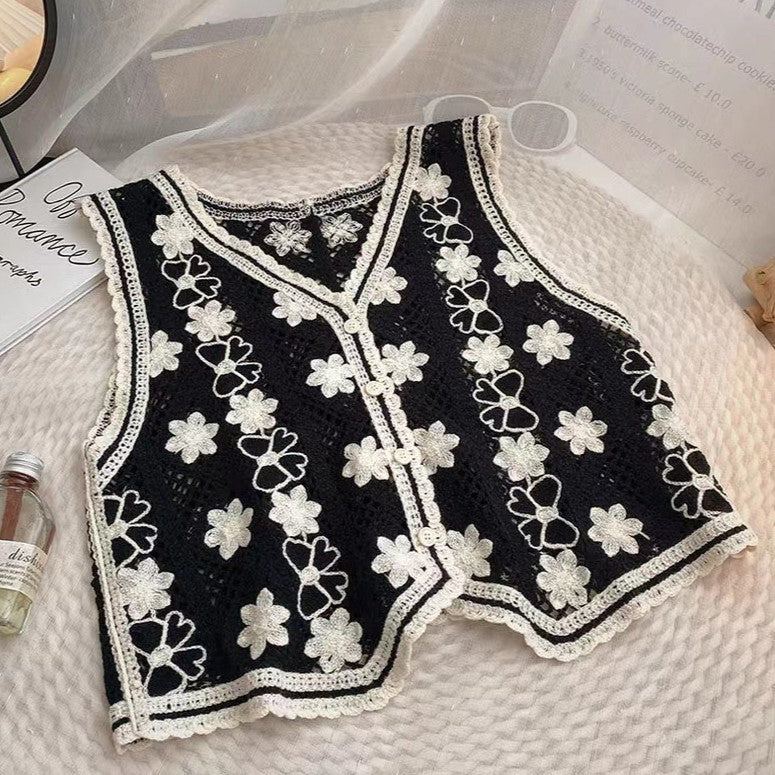 Crochet Floral Open Knit Button Vest - Black