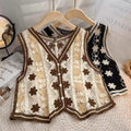 Crochet Floral Open Knit Button Vest - Khaki