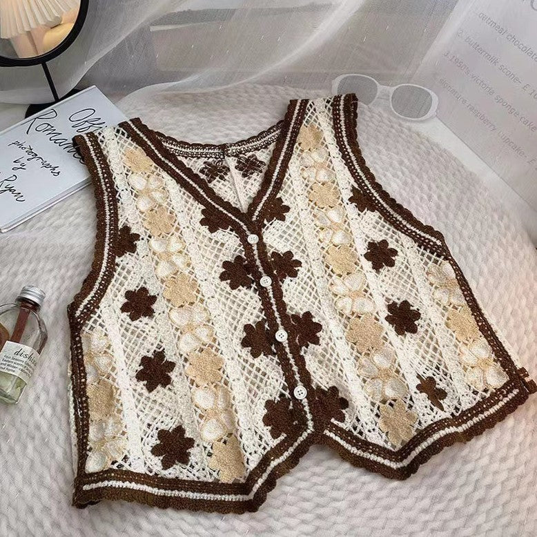 Crochet Floral Open Knit Button Vest - Khaki - 1