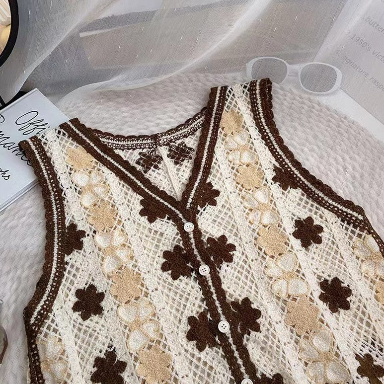 Crochet Floral Open Knit Button Vest - Khaki - 2