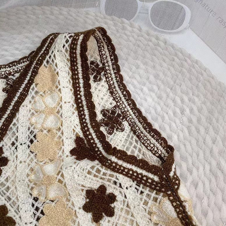 Crochet Floral Open Knit Button Vest - Khaki - 3