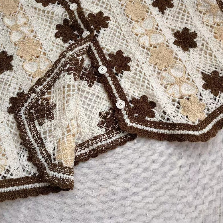 Crochet Floral Open Knit Button Vest - Khaki - 4