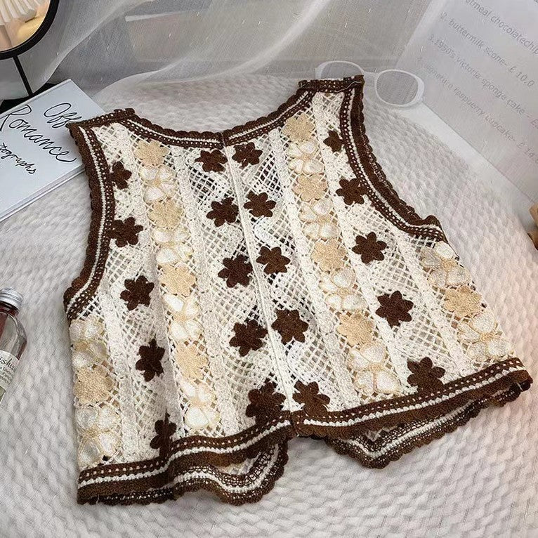 Crochet Floral Open Knit Button Vest - Khaki - 5