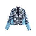 Block Print Patchwork Quilted Cropped Jacket - NavyBlue