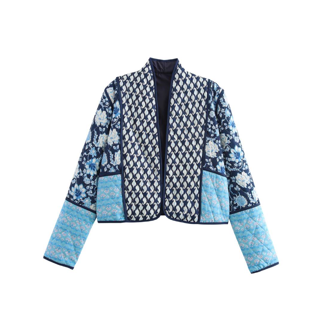 Block Print Patchwork Quilted Cropped Jacket - NavyBlue