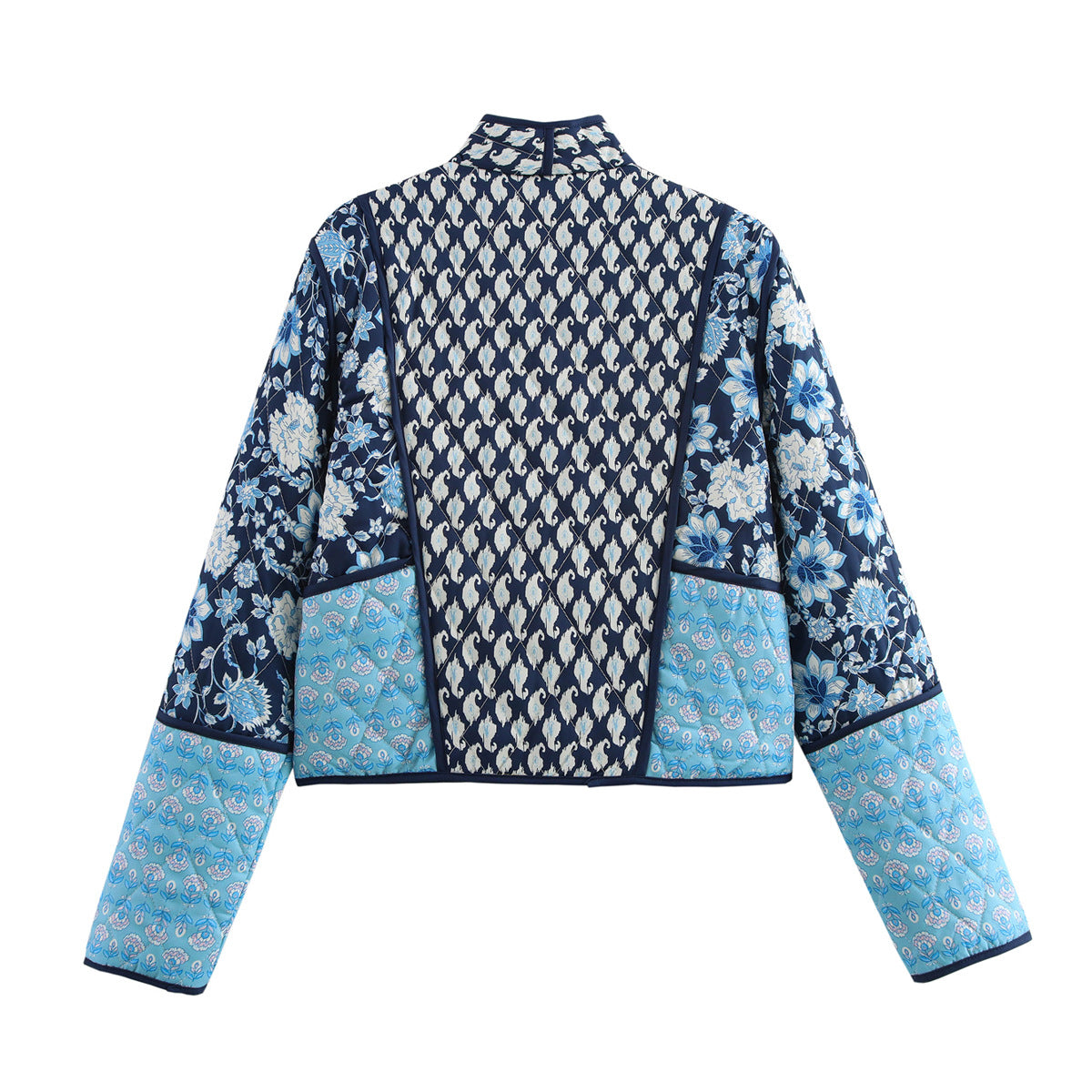 Block Print Patchwork Quilted Cropped Jacket - NavyBlue - 1