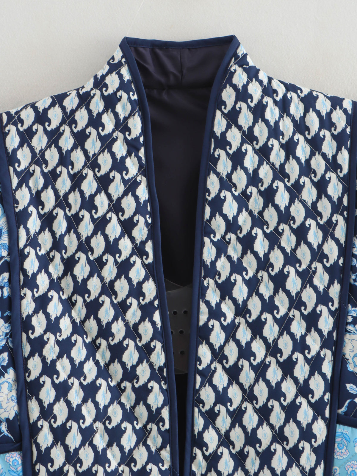 Block Print Patchwork Quilted Cropped Jacket - NavyBlue - 2