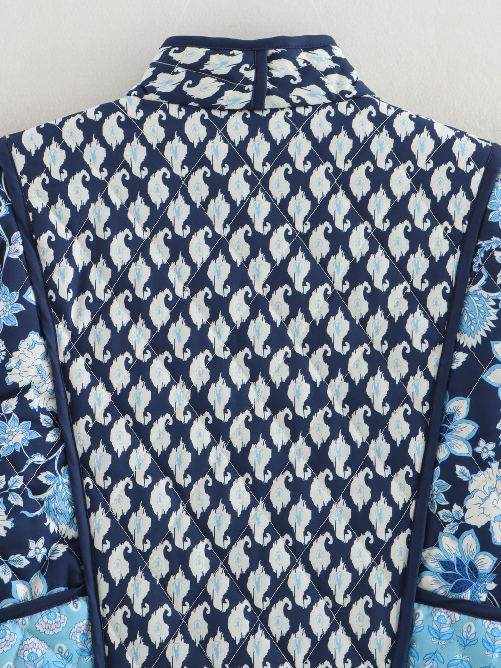 Block Print Patchwork Quilted Cropped Jacket - NavyBlue - 3