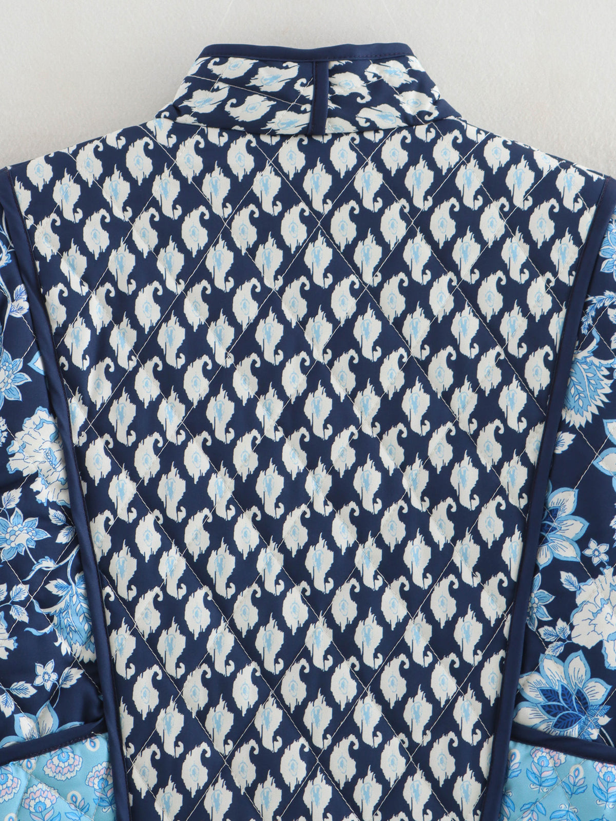 Block Print Patchwork Quilted Cropped Jacket - NavyBlue - 3