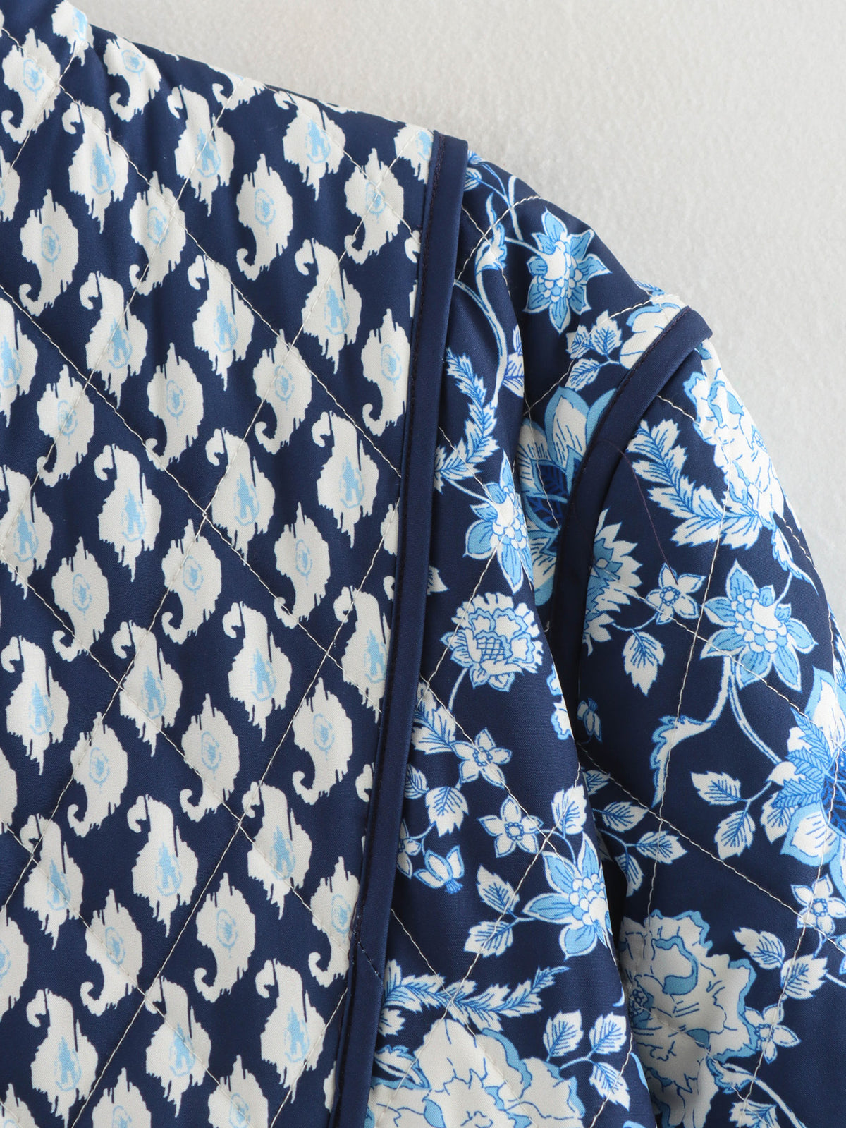 Block Print Patchwork Quilted Cropped Jacket - NavyBlue - 5