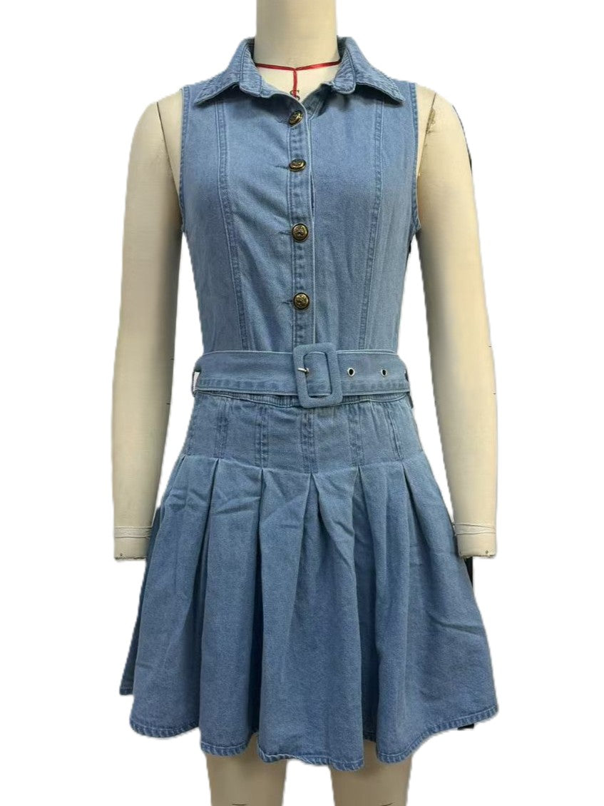 Collared Button Front Pleated Mini Dress - Blue