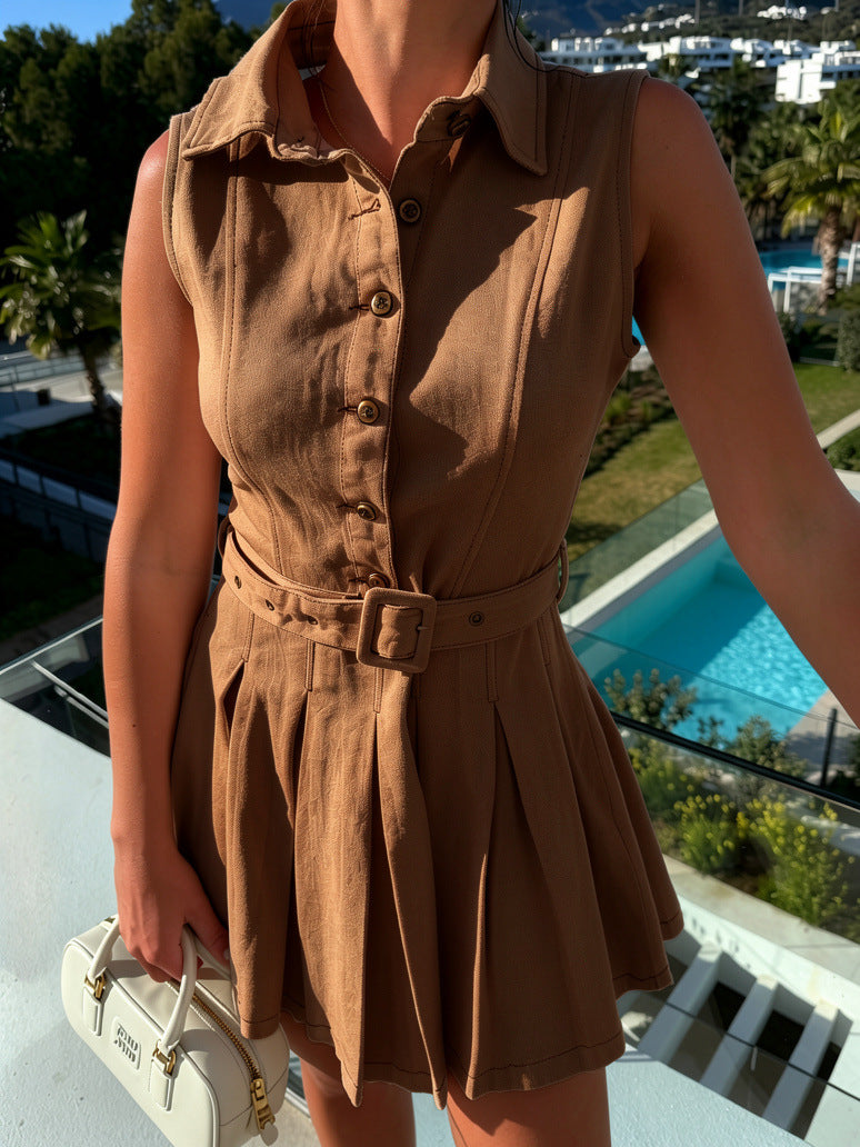 Collared Button Front Pleated Mini Dress - Brown