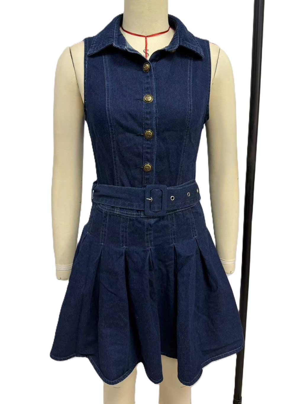 Collared Button Front Pleated Mini Dress - DarkBlue