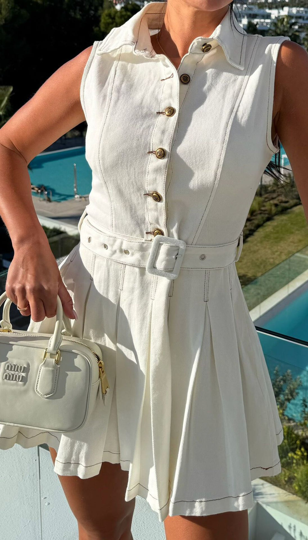 Collared Button Front Pleated Mini Dress - White
