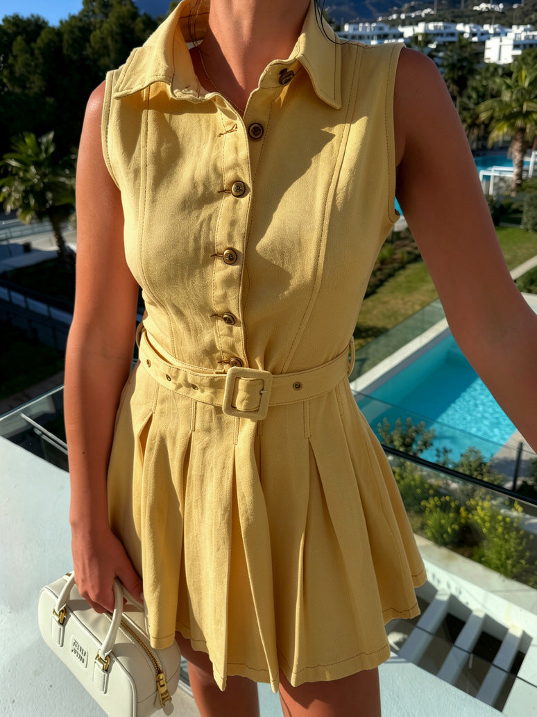 Collared Button Front Pleated Mini Dress - Yellow