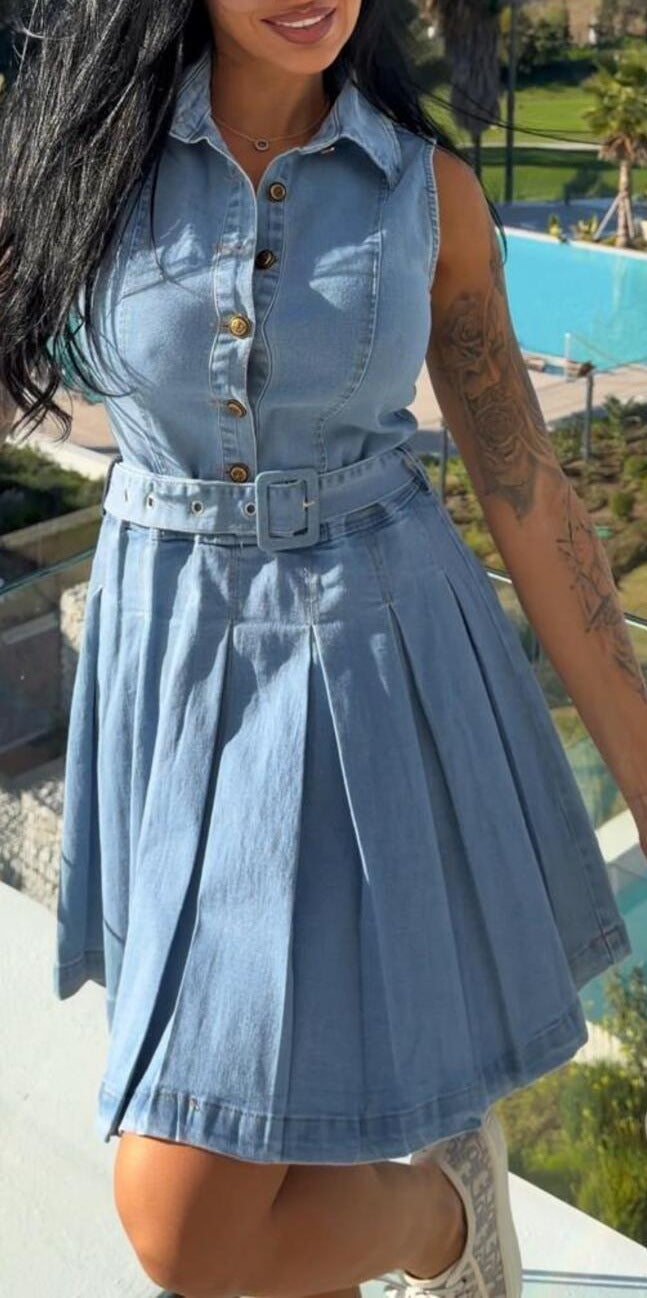 Collared Button Front Pleated Mini Dress