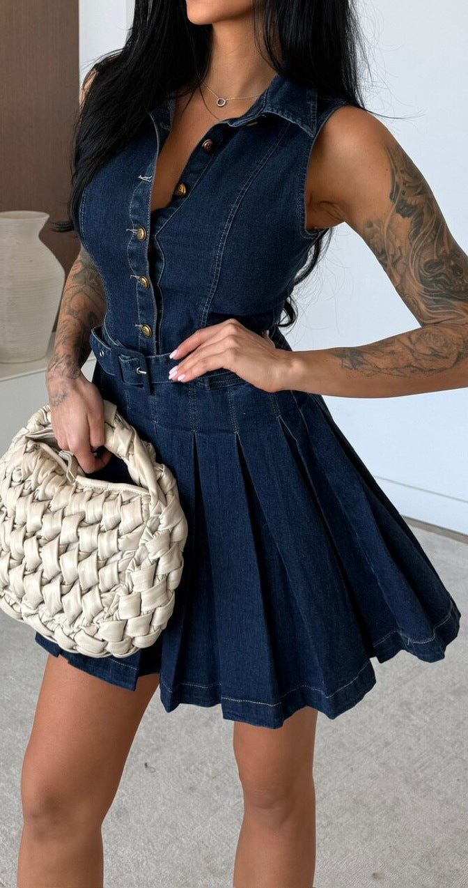 Collared Button Front Pleated Mini Dress - view 1