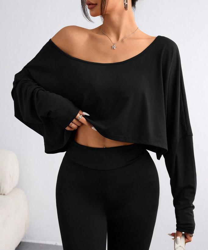 Slouchy Off Shoulder Cropped Long Sleeve Top - Black