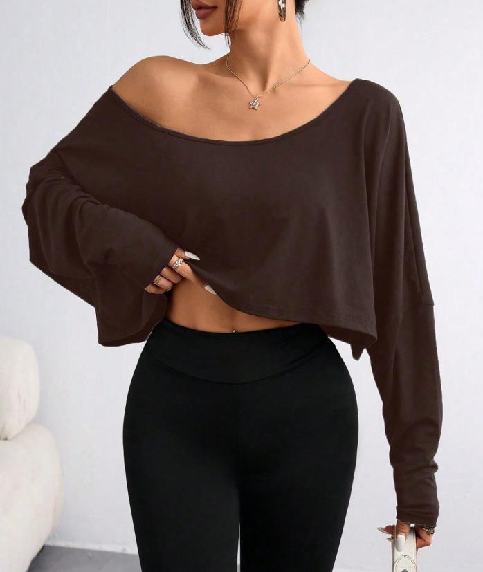 Slouchy Off Shoulder Cropped Long Sleeve Top - Coffee