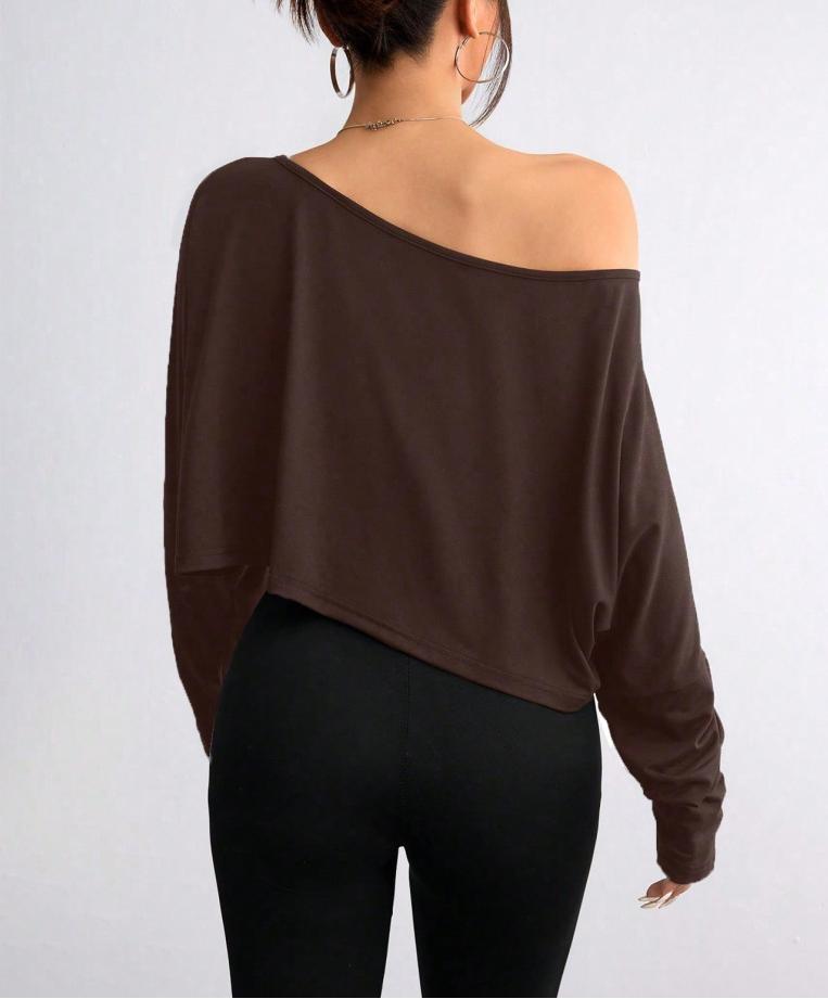 Slouchy Off Shoulder Cropped Long Sleeve Top - Coffee - 2