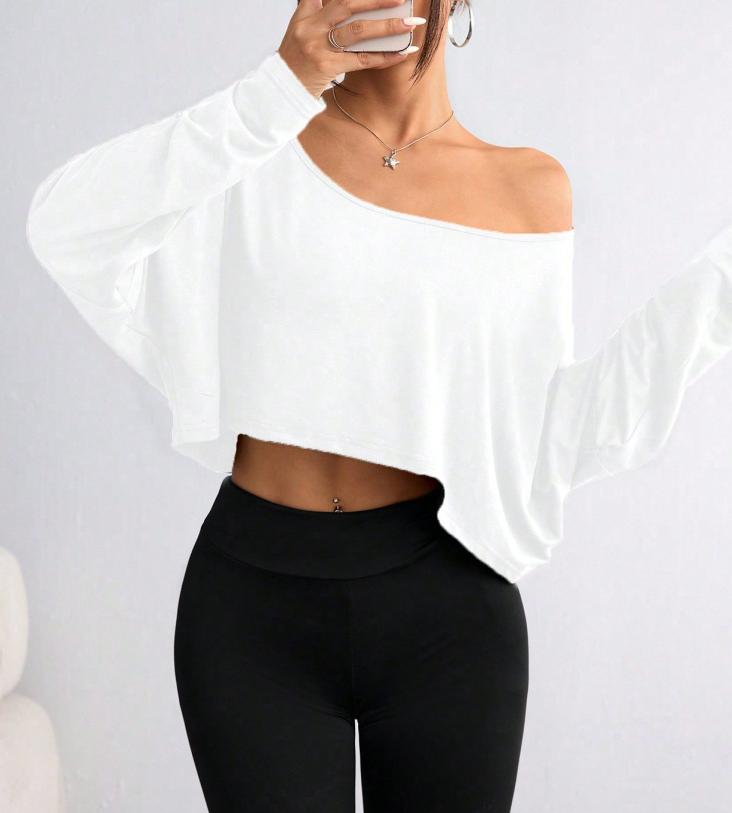 Slouchy Off Shoulder Cropped Long Sleeve Top - White - 1
