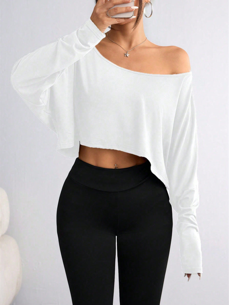 Slouchy Off Shoulder Cropped Long Sleeve Top - White - 2