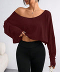 Slouchy Off Shoulder Cropped Long Sleeve Top - Wine_red