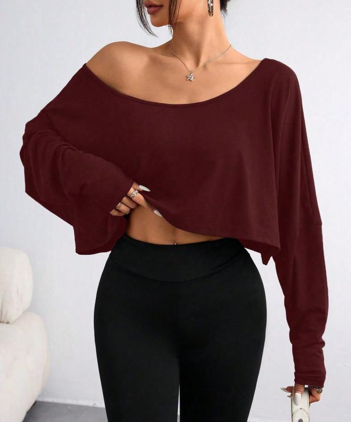 Slouchy Off Shoulder Cropped Long Sleeve Top - Wine_red