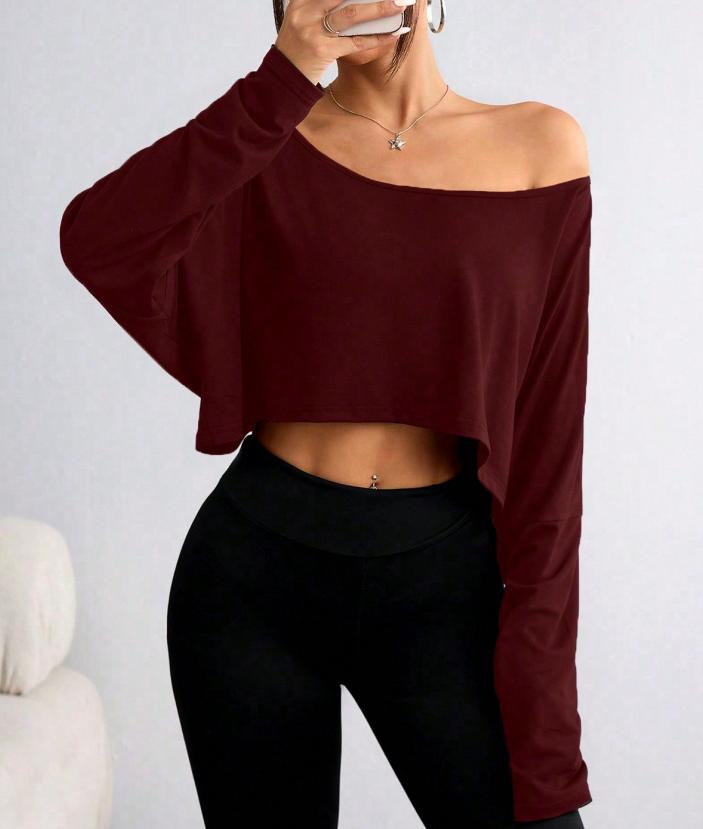 Slouchy Off Shoulder Cropped Long Sleeve Top - Wine_red - 1