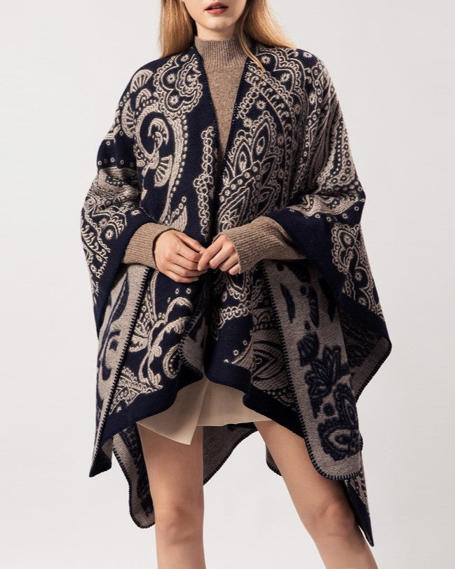 Reversible Paisley Jacquard Ruana Wrap - BLACK