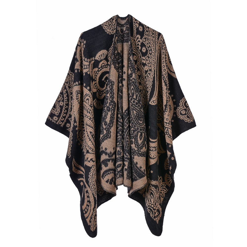 Reversible Paisley Jacquard Ruana Wrap - BLACK - 1