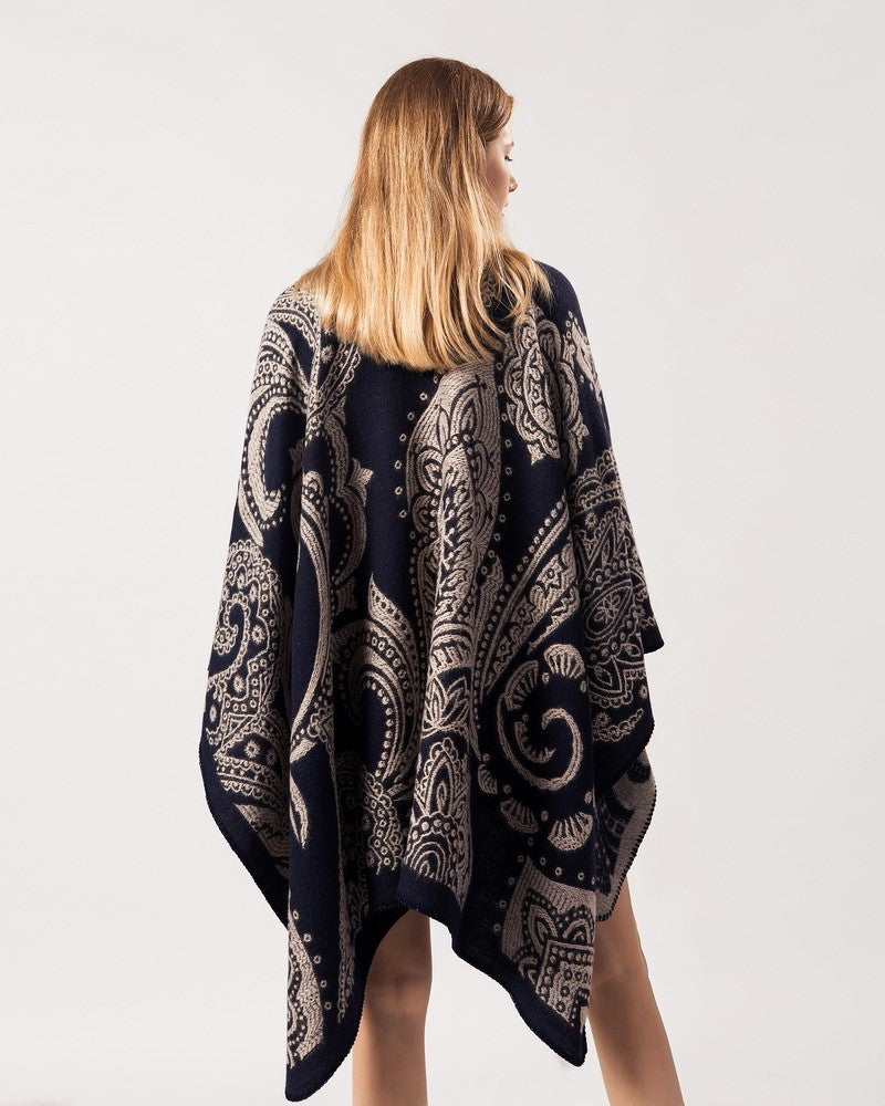 Reversible Paisley Jacquard Ruana Wrap - BLACK - 2