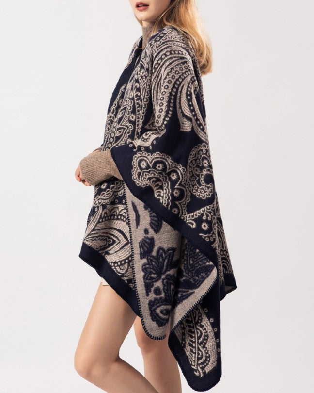 Reversible Paisley Jacquard Ruana Wrap - BLACK - 3
