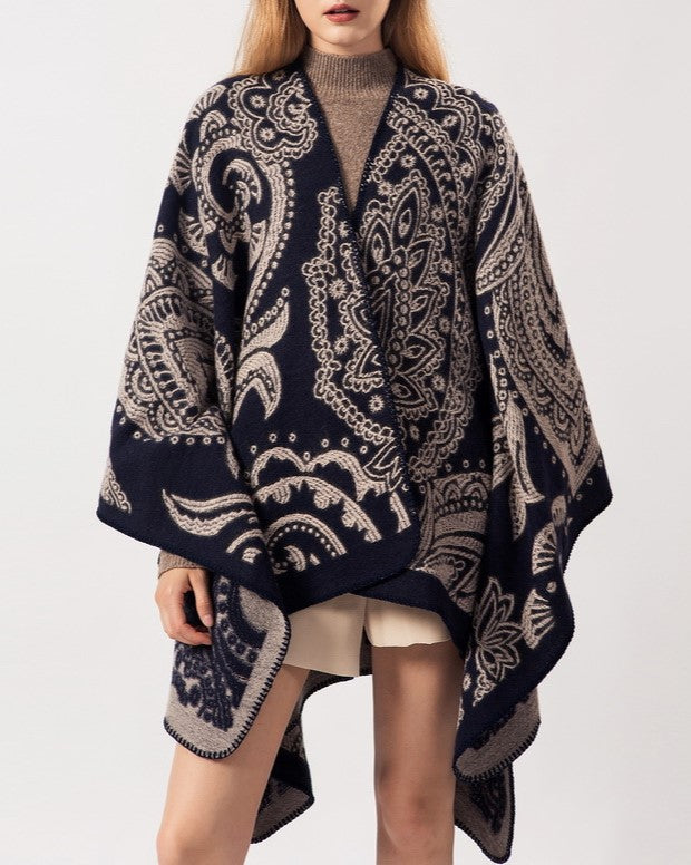 Reversible Paisley Jacquard Ruana Wrap - BLACK - 4