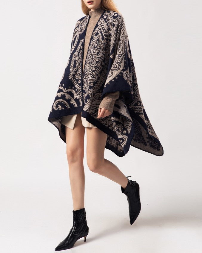 Reversible Paisley Jacquard Ruana Wrap - BLACK - 5