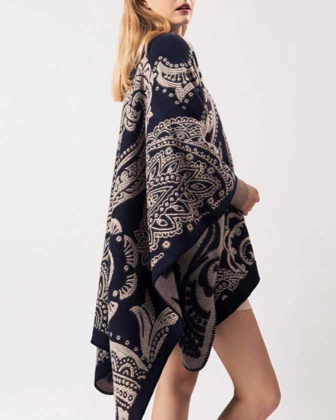 Reversible Paisley Jacquard Ruana Wrap - BLACK - 6