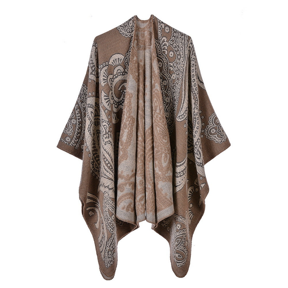 Reversible Paisley Jacquard Ruana Wrap - BROWN