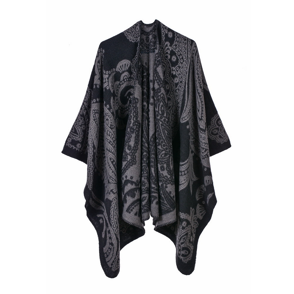 Reversible Paisley Jacquard Ruana Wrap - GREY