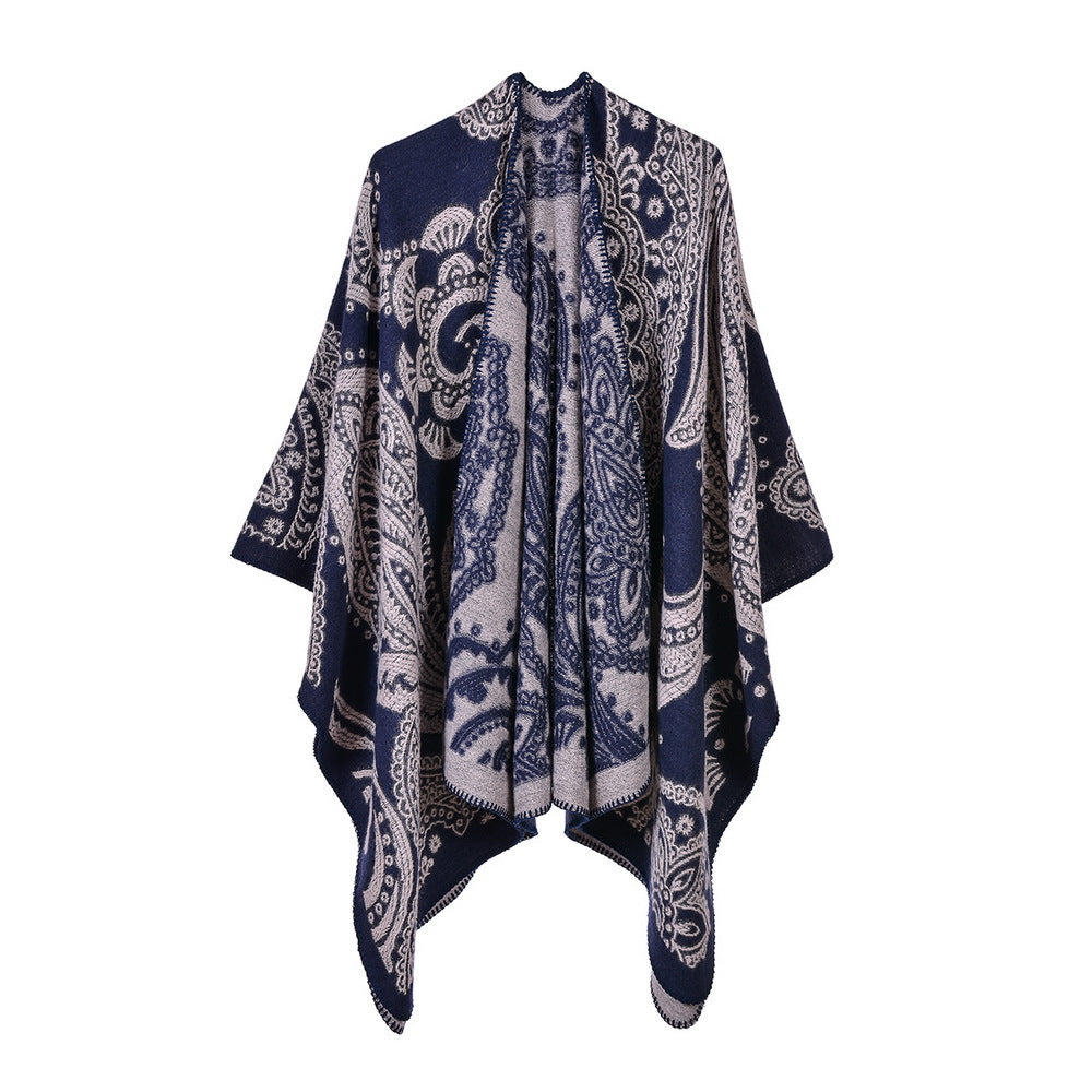 Reversible Paisley Jacquard Ruana Wrap - NAVY