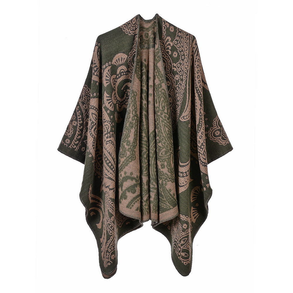 Reversible Paisley Jacquard Ruana Wrap - OLIVE