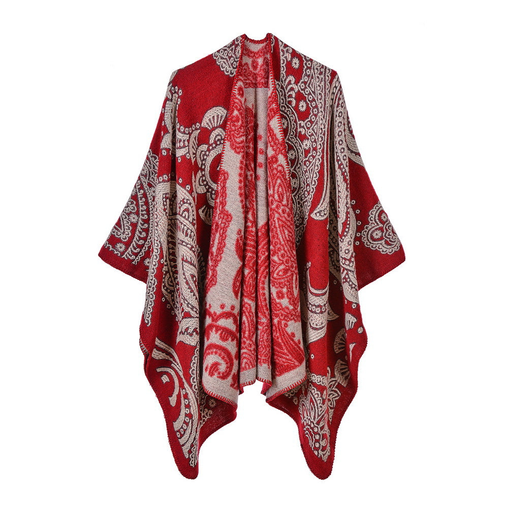 Reversible Paisley Jacquard Ruana Wrap - RED