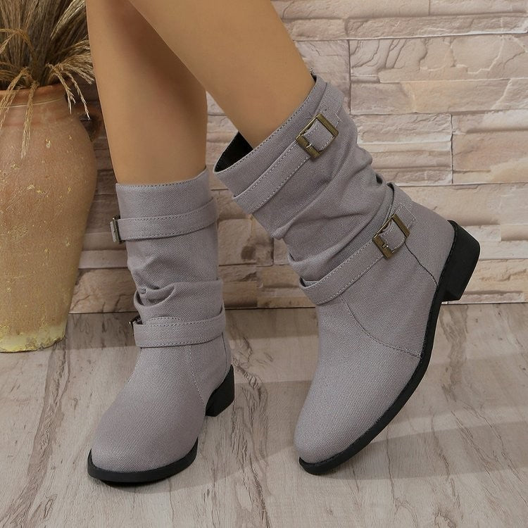 Slouchy Buckle Strap Mid Calf Boots