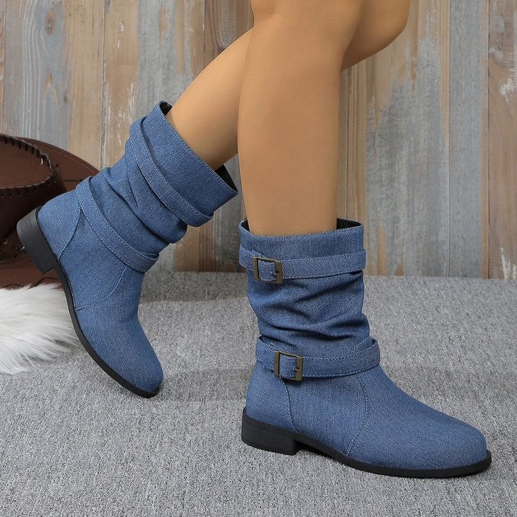Slouchy Buckle Strap Mid Calf Boots