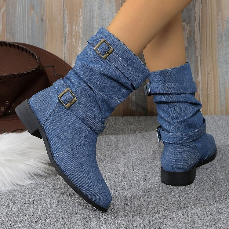 Slouchy Buckle Strap Mid Calf Boots